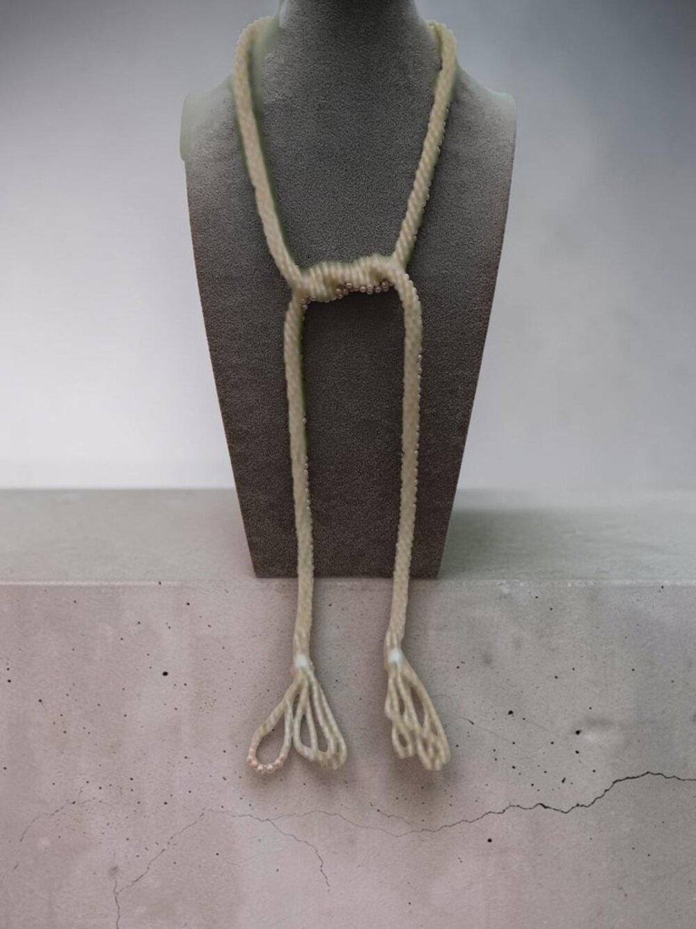 Faux Pearl Lariat Style Necklace with Twisted Beaded Rope and Tasseled Ends 44"
